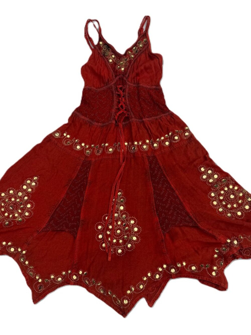 UPCYCLED Red sequin ray-stitch embroidered summer hippie sun dress - OOAK